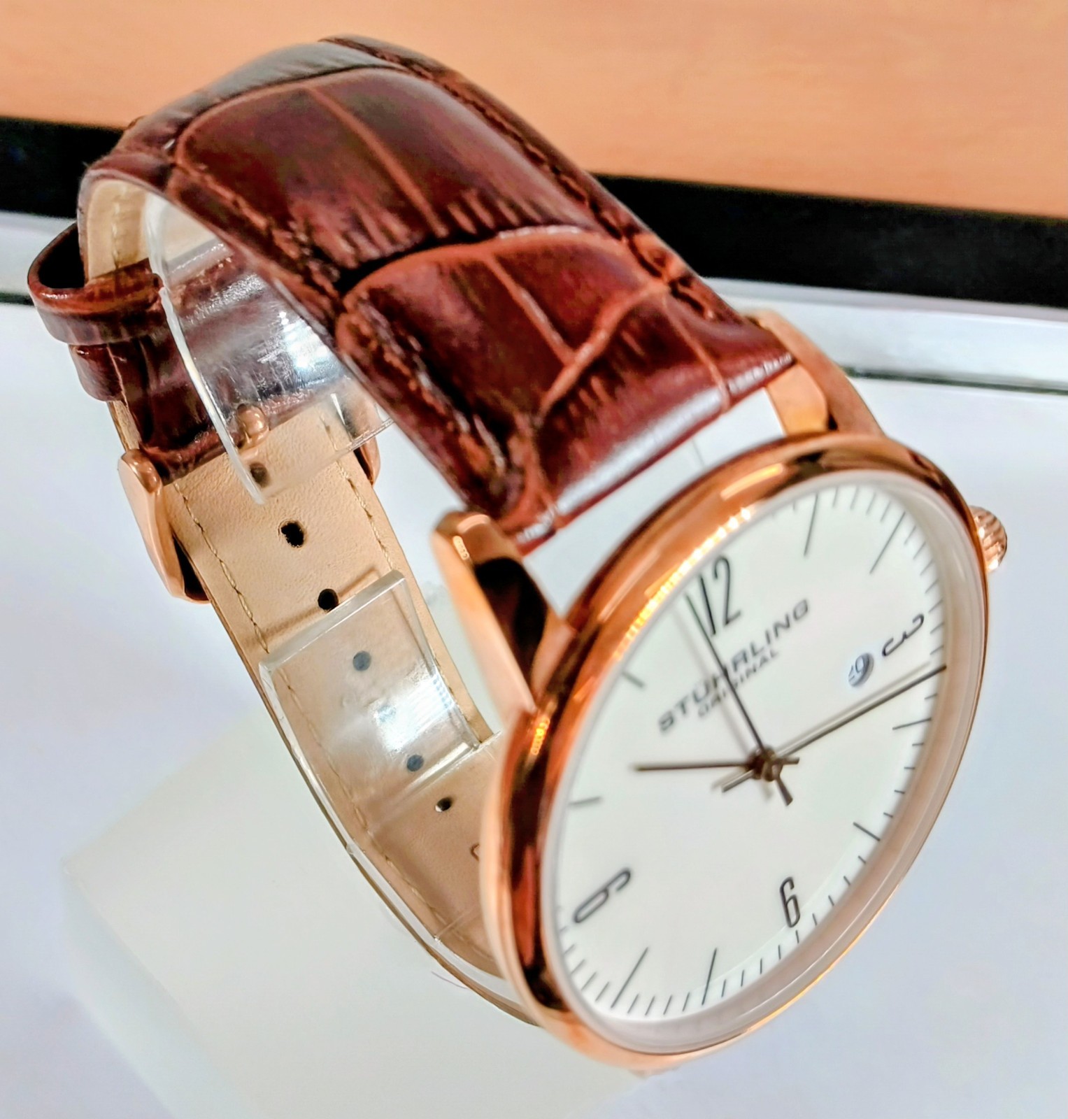 Stuhrling 3997 RARE Rasa Date Brown Embossed Leather Strap Mens Watch