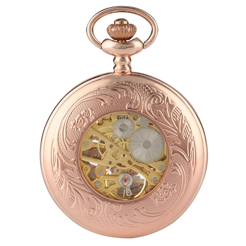 Steampunk RoseGold Skeleton Mechanical Pocket Watch Roman Dial Wedding Gift