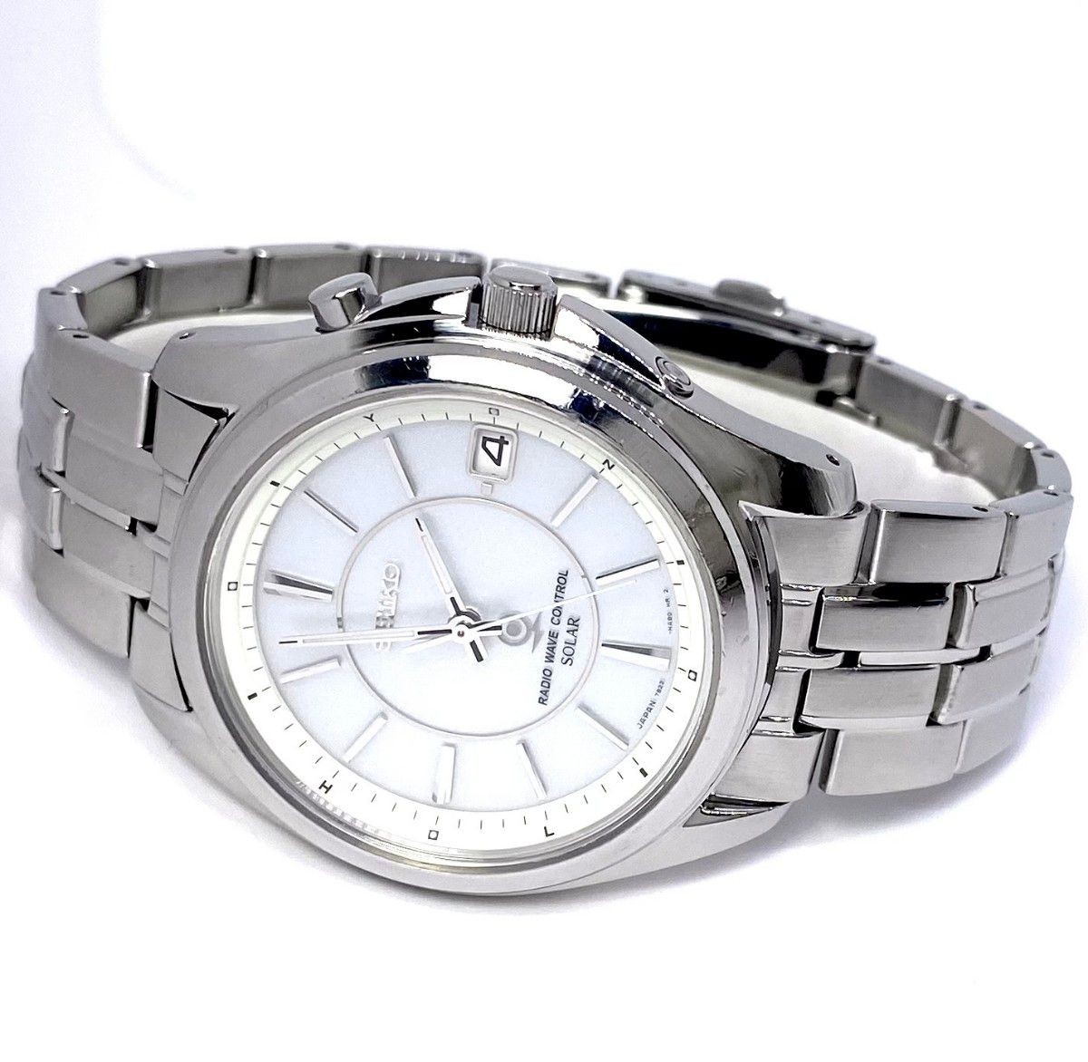 Seiko 7B22 Radio Solar Mens Watch Silver Dial Date Sapphire 10ATM Japan