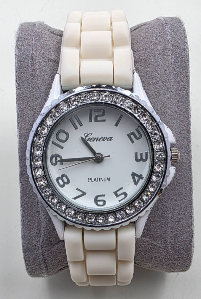 NEW Geneva Platinum Bejeweled Women’s White Dial & White Steel Bezel Watch!