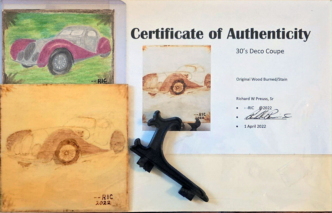 30’s Deco Coupe Wood Burn w/COA