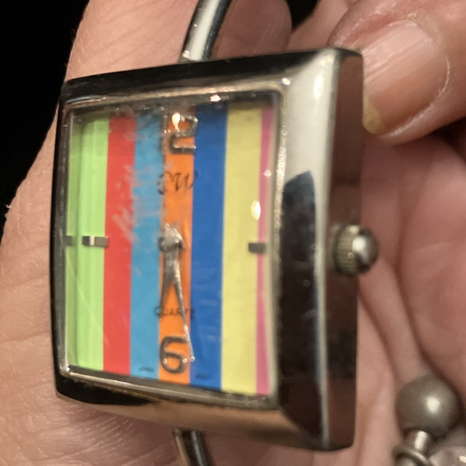 CW Red Green Blue Yellow Square Face Striped Rainbow Watch Stainless Steel Works