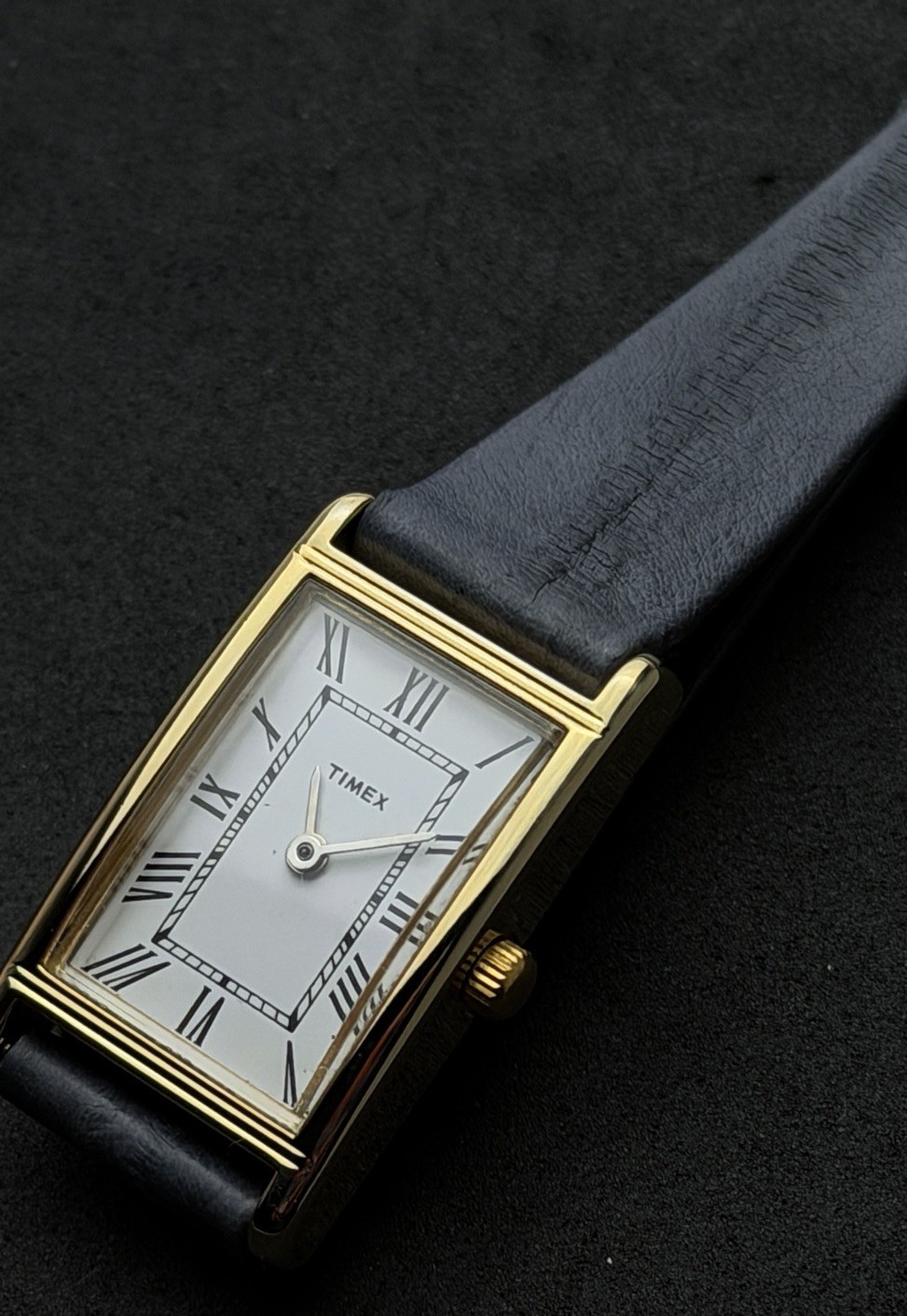 Vtg New 1997 TIMEX Tank Womens 32mm Quartz Watch Gold White Roman Num Gray EEL