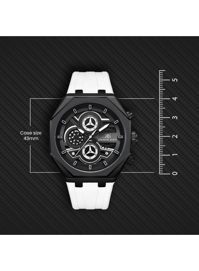 Kenneth Scott Men’s Chronograph Watch | Black Dial, White Band, 43mm