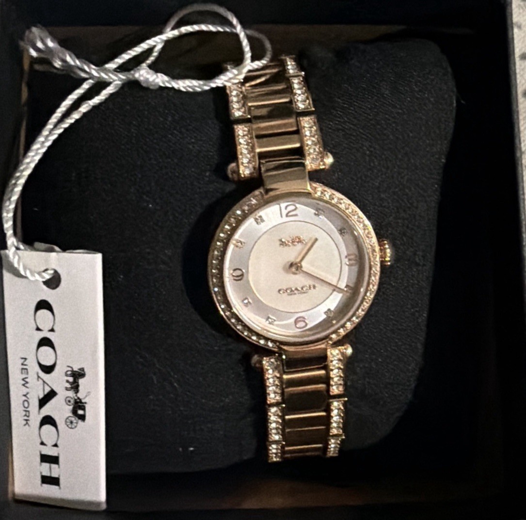 Coach Park Women’s Analog Quartz Watch Silver Dial Gold Bracelet Gem-Set Bezel