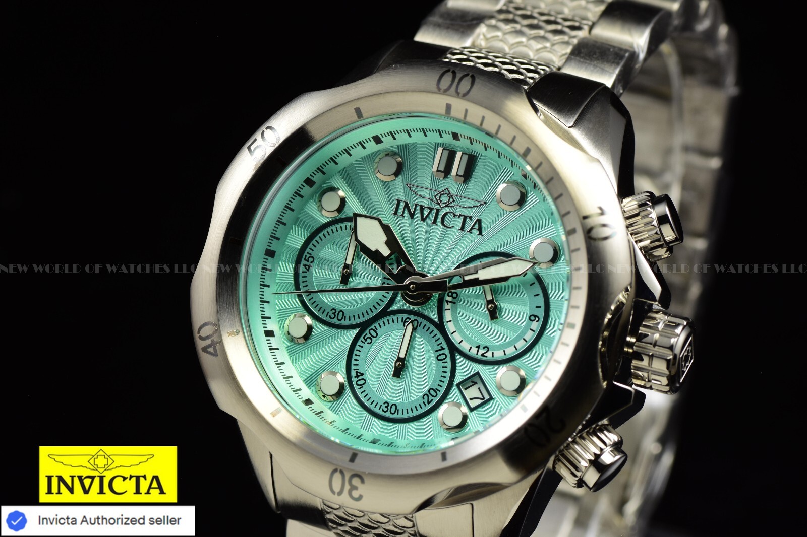 Invicta Men’s 46mm VENOM Chronograph Quartz TURQUOISE DIAL Silver Tone SS Watch