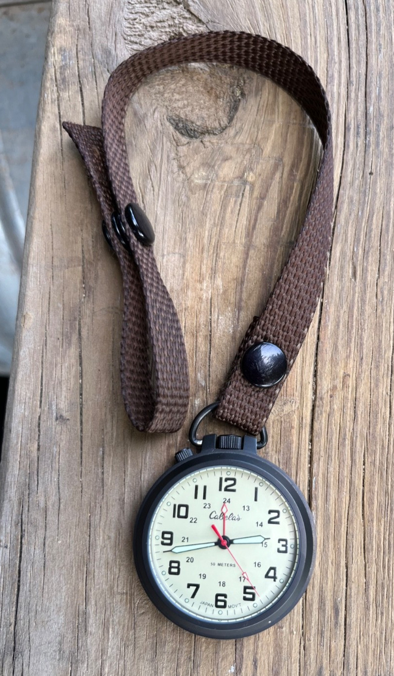 VTG Cabela’s Pocket Watch Brown Leather Case Japan Movement Outdoor Gear Field