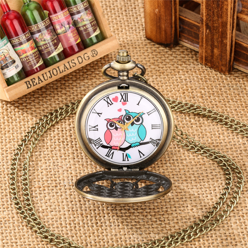 Diamond Handicraft Two Owls Pattern Quartz Pocket Watches for Women Men Gifts