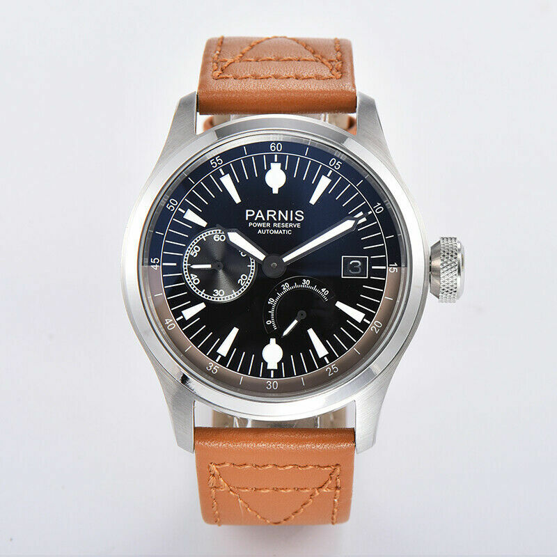 Power Reserve Movement PARNIS 46.5mm Automatic Watch for Men Retro Wristwatches