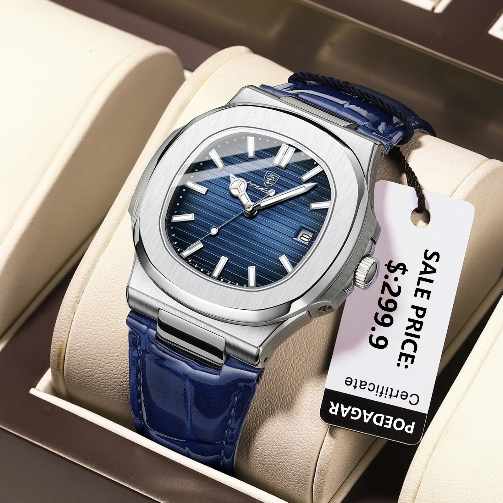 POEDAGAR Men’s Quartz Watch Date Luxury 30M Waterproof Leather Luminous NEW