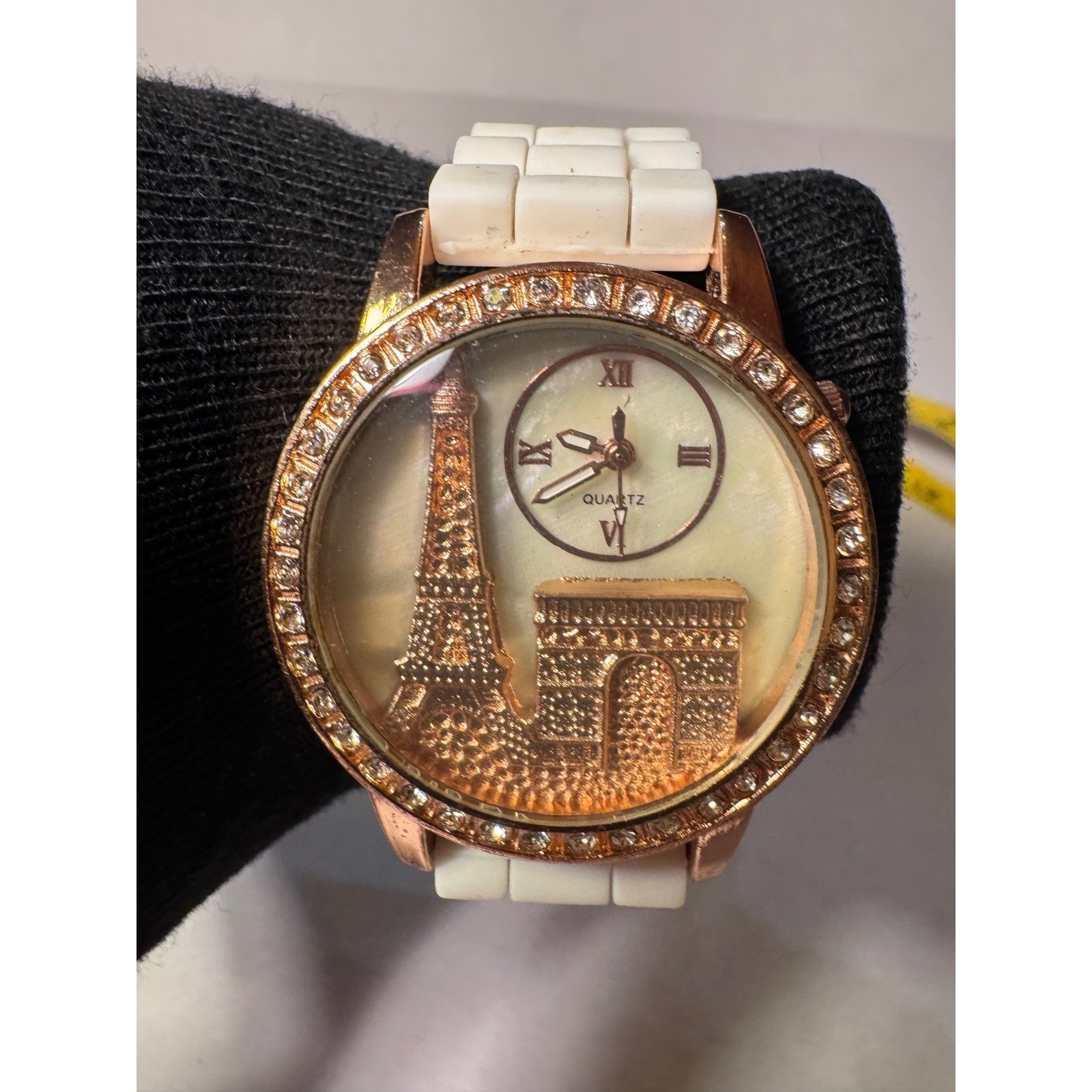 Paris Eiffel Tower Rose Gold Rhinestone Quartz Watch White Silicone Band