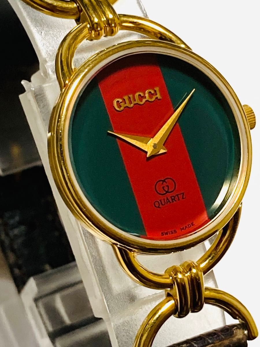 [A3P] Gucci Shearline Vintage Green Red Web Leather Quartz Ladies [x9s]