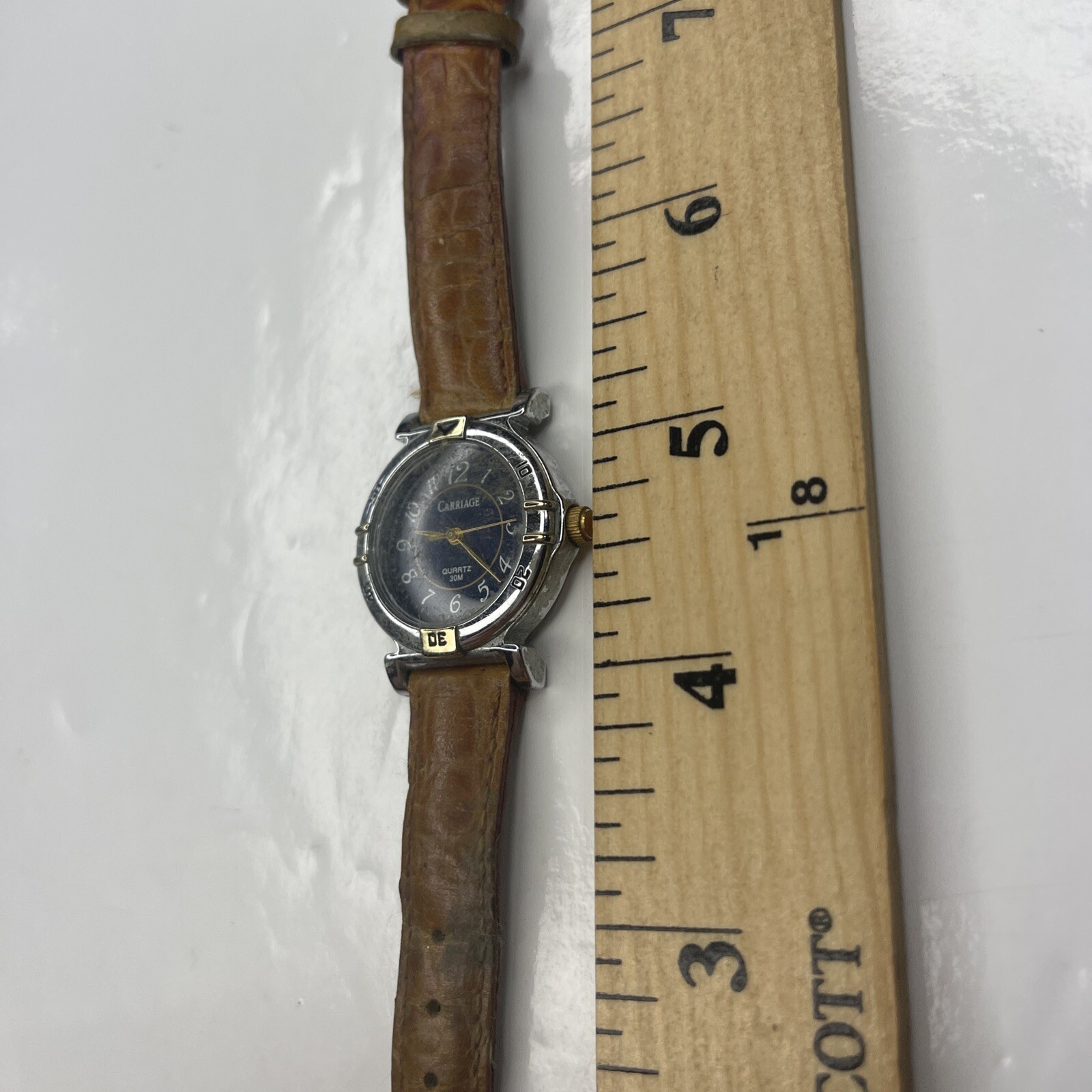 A Carriage Silver Brown Leather Blue WR30M J7 Ladies Watch Untested