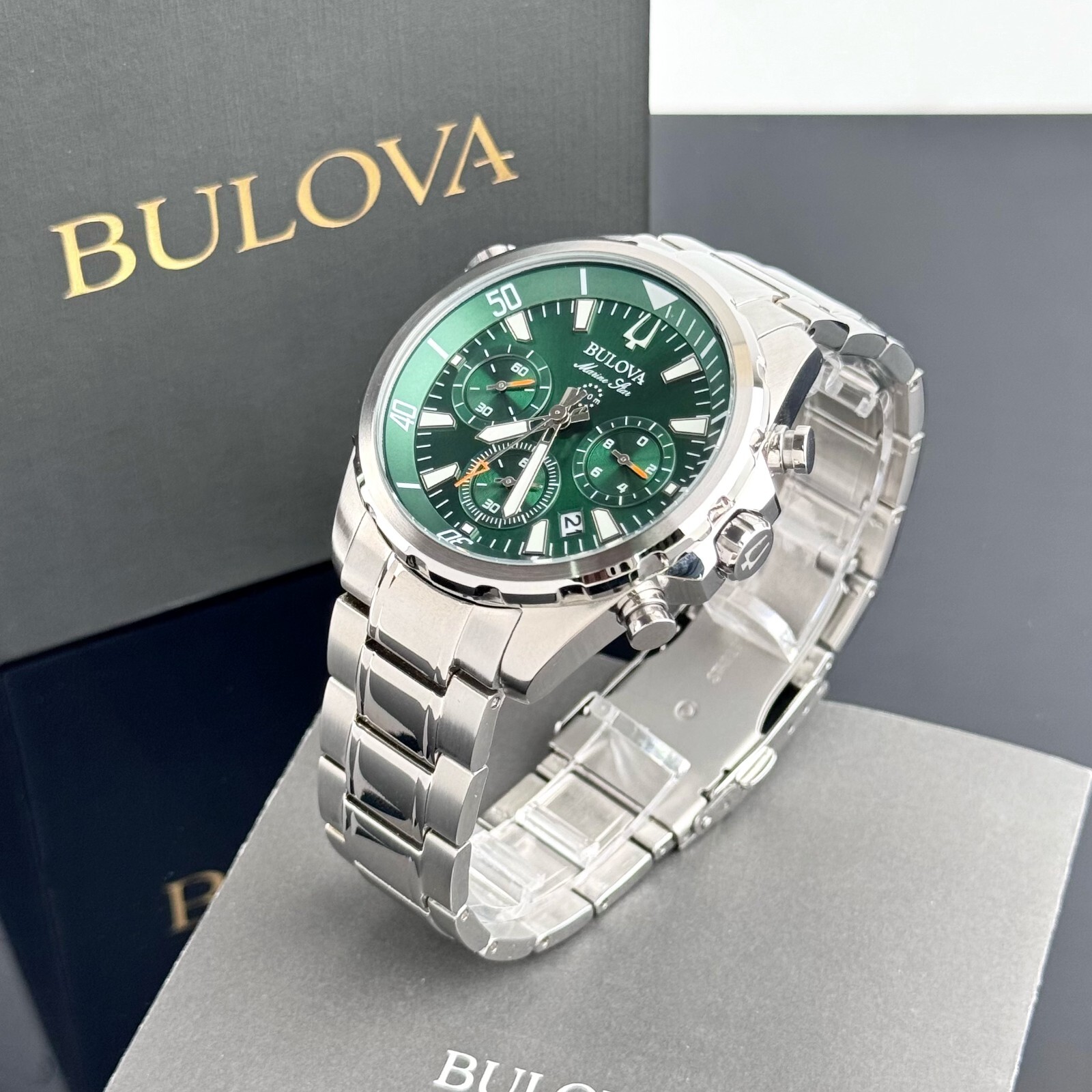 Bulova Marine Star Green Dial Stainless Steel Mens Chronograph Watch 43MM 96B396