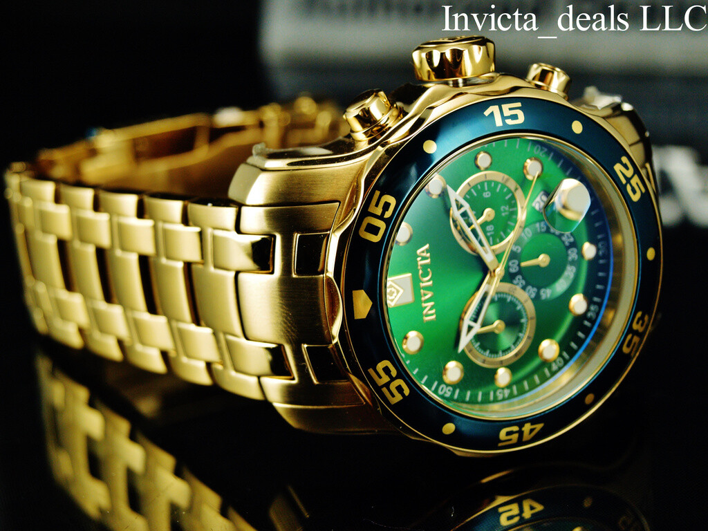Invicta Men’s 48mm PRO DIVER Scuba Chronograph Green Dial 18K Gold Plated Watch