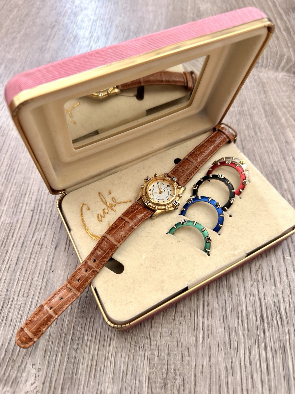 Cache Brown Leather Strap Watch With Bezel Faceplate
