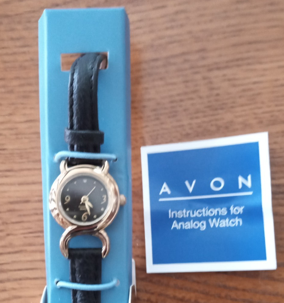 Avon 2007 Womens ~ Genuine Diamond Accent Leather Strap Watch – Black 8.5 in