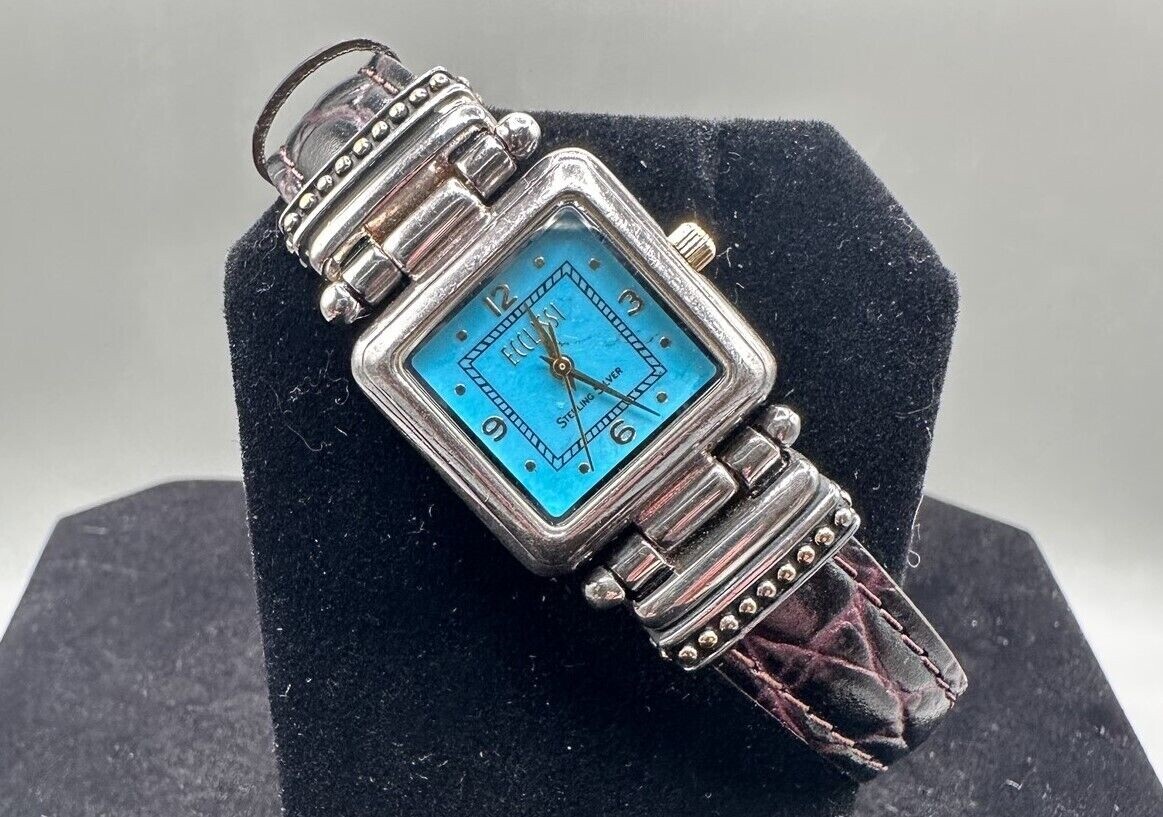 Ecclissi Sterling Silver Watch Brown Alligator Leather Band 22490 Blue Face