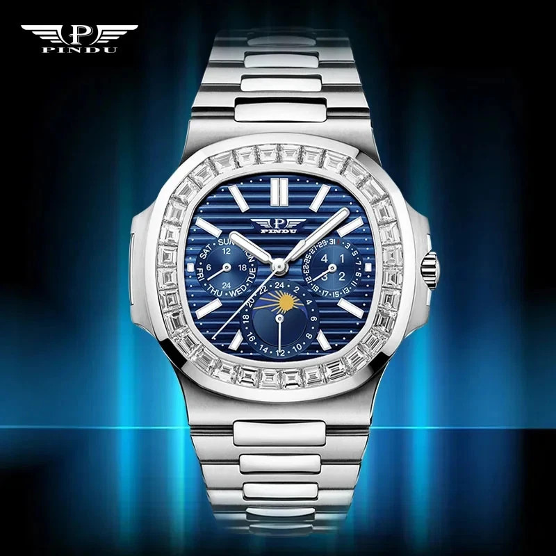 🔥USA🔥PINDU P6502 Men’s Automatic Blue Watch Square Diamond Moon phase