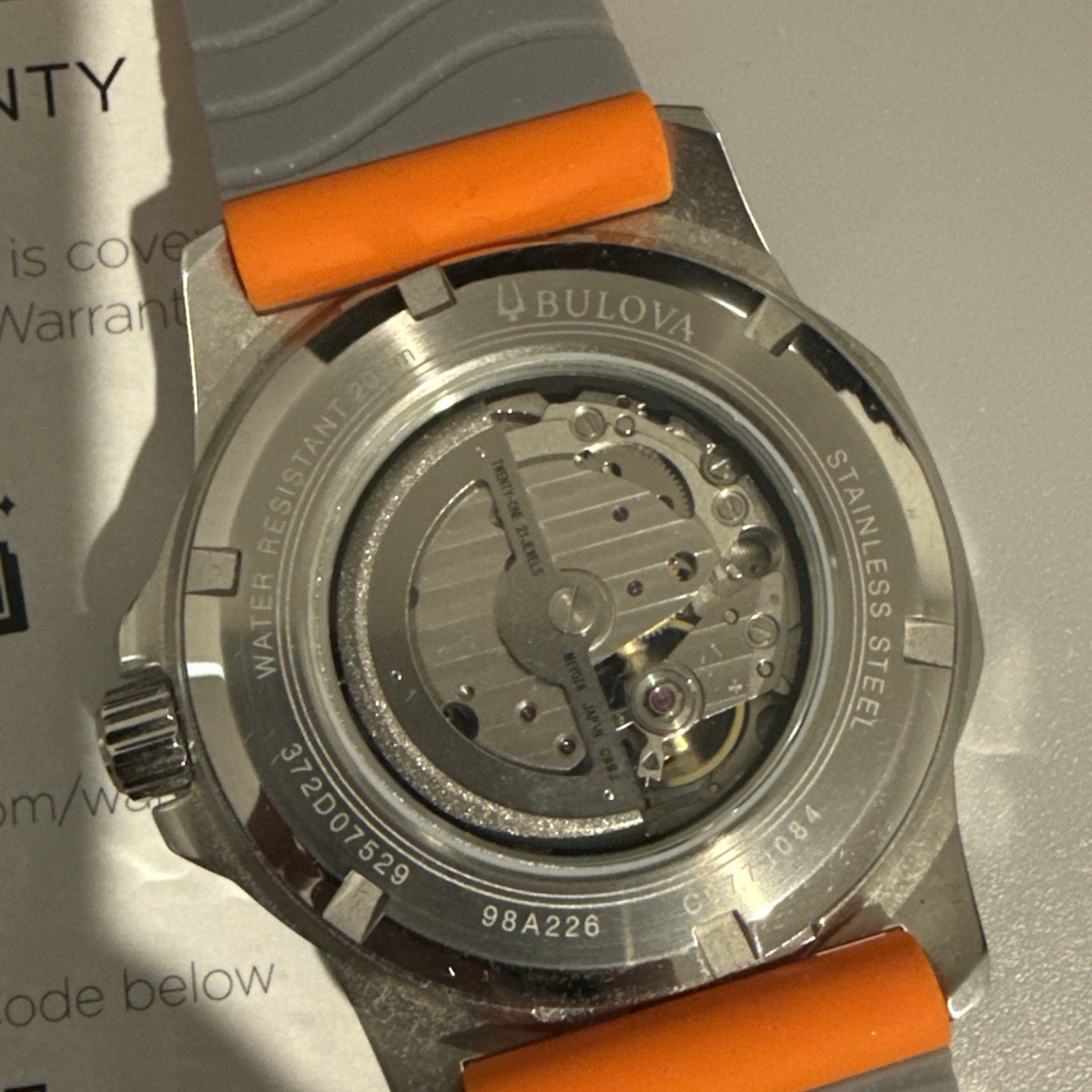 Bulova Marine Star 98A226 Automatic Men’s Silver Dial Orange Rubber Strap Watch