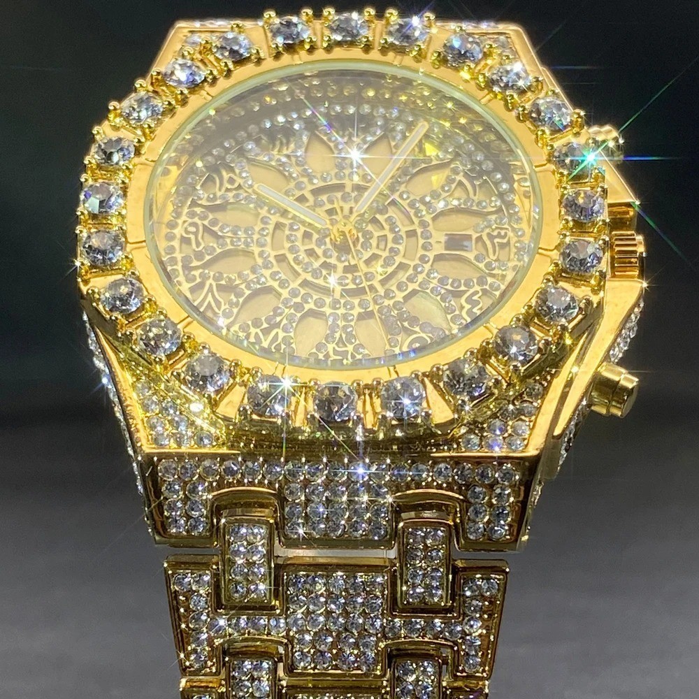 Arabic Luxury Hip Hop Custom Bling Ice out Men Watch Gold Iced Simulated Diamond