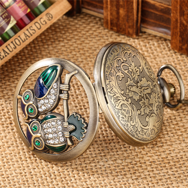 Diamond Handicraft Two Owls Pattern Quartz Pocket Watches for Women Men Gifts