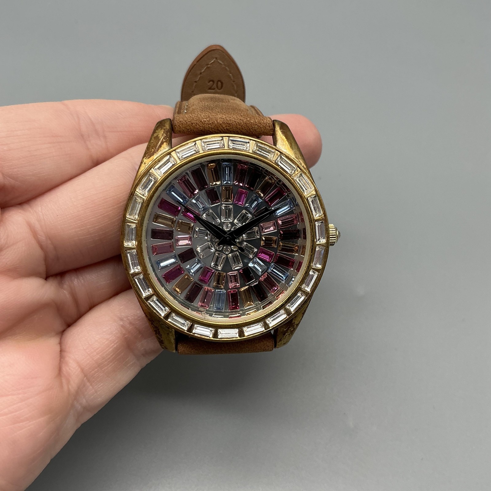 Adrienne Womens Watch 41mm Multicolor Gem Dial Gold Tone Brown Strap New Battery
