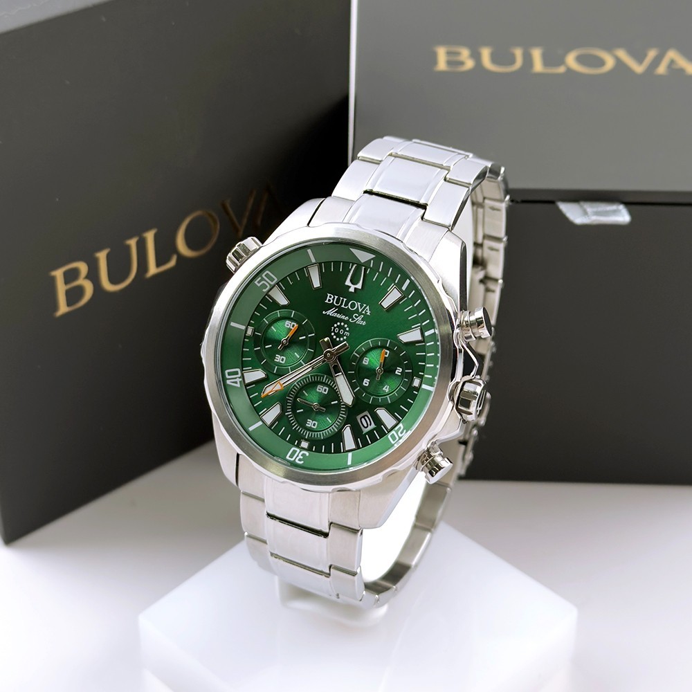 Men’s Bulova 96B396 Classic Marine Star Quartz Stainless Green Dial Watch 43mm