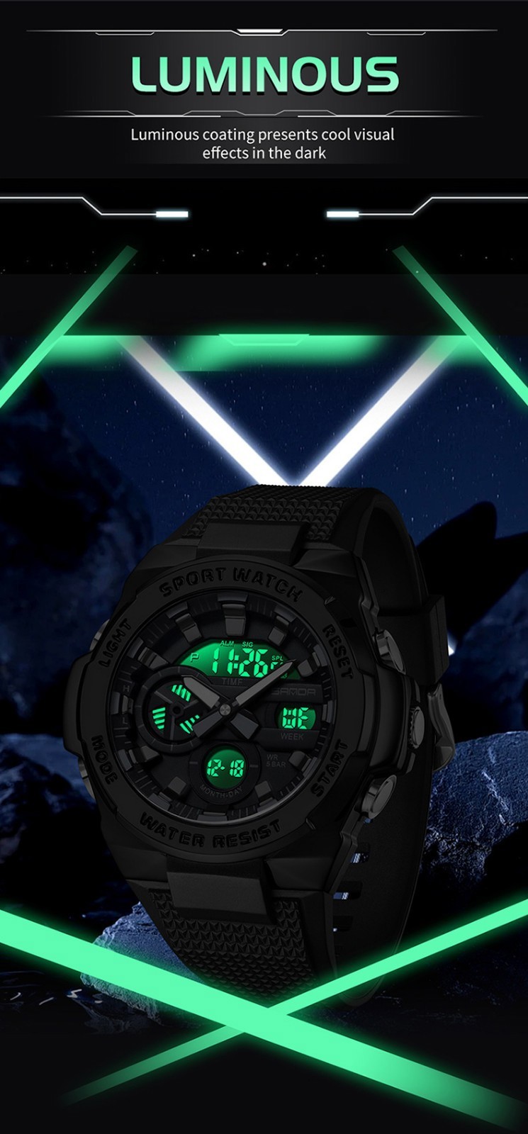 Dual display dial multifunctional sports style luminous quartz waterproof watch