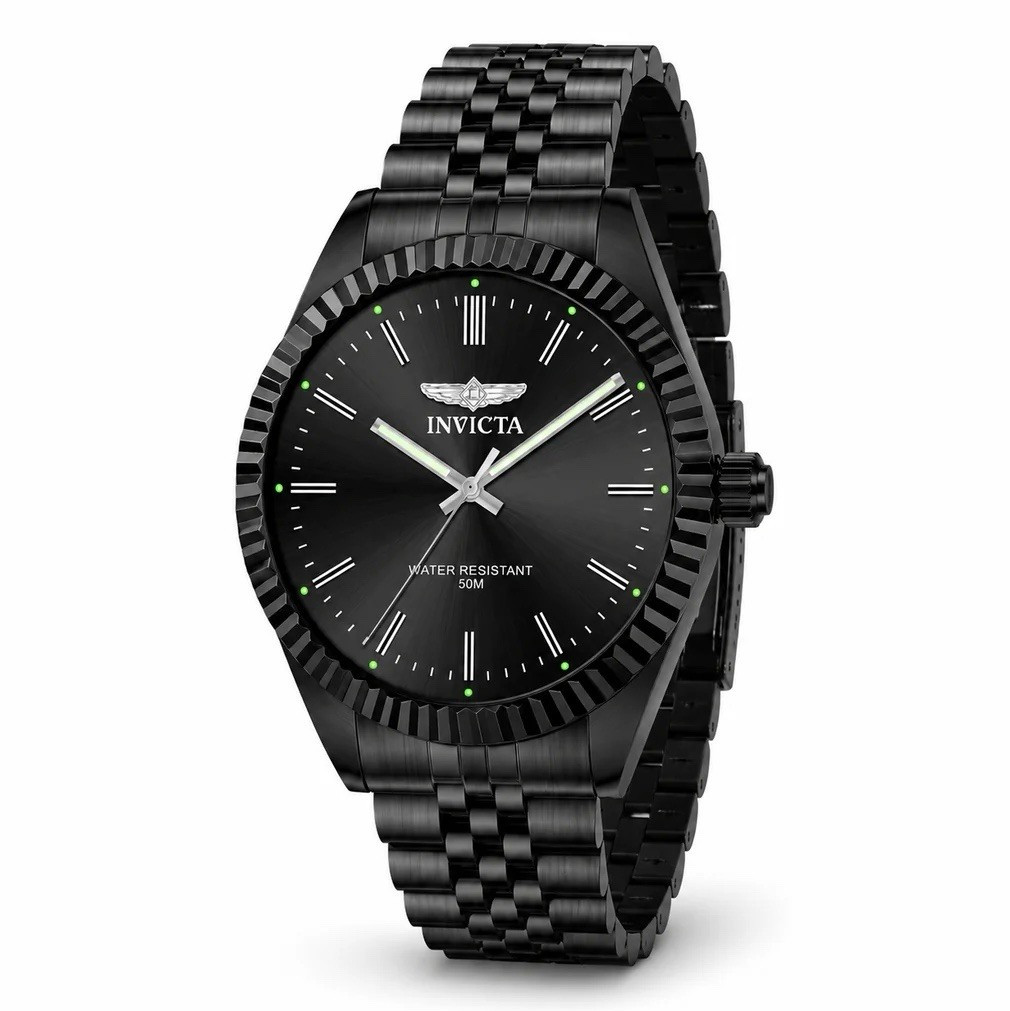 Invicta Men’s Quartz Watch Black Dial 44mm Black Steel Bracelet 50m Box