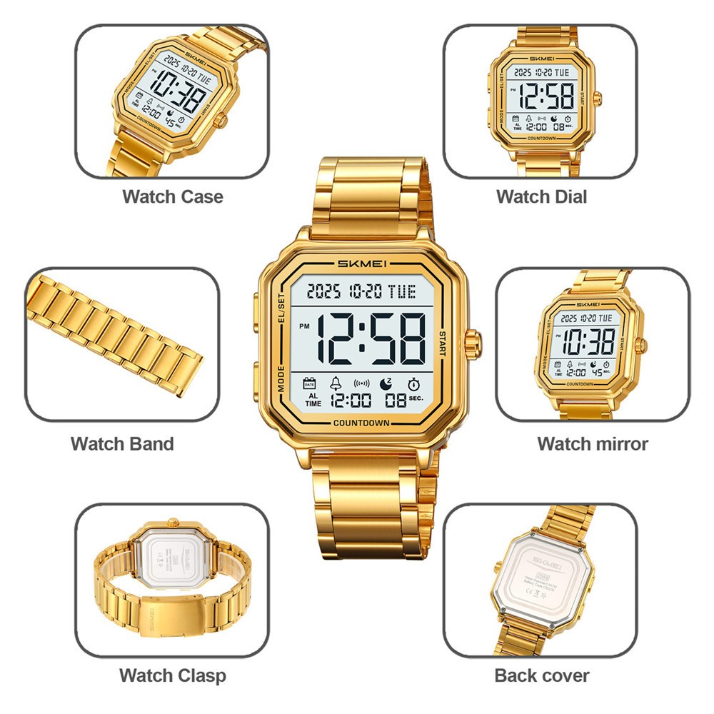 SKMEI Men Watch Rectangle Digital Wristwatch 2Time Male Steel LED Alarm Watches