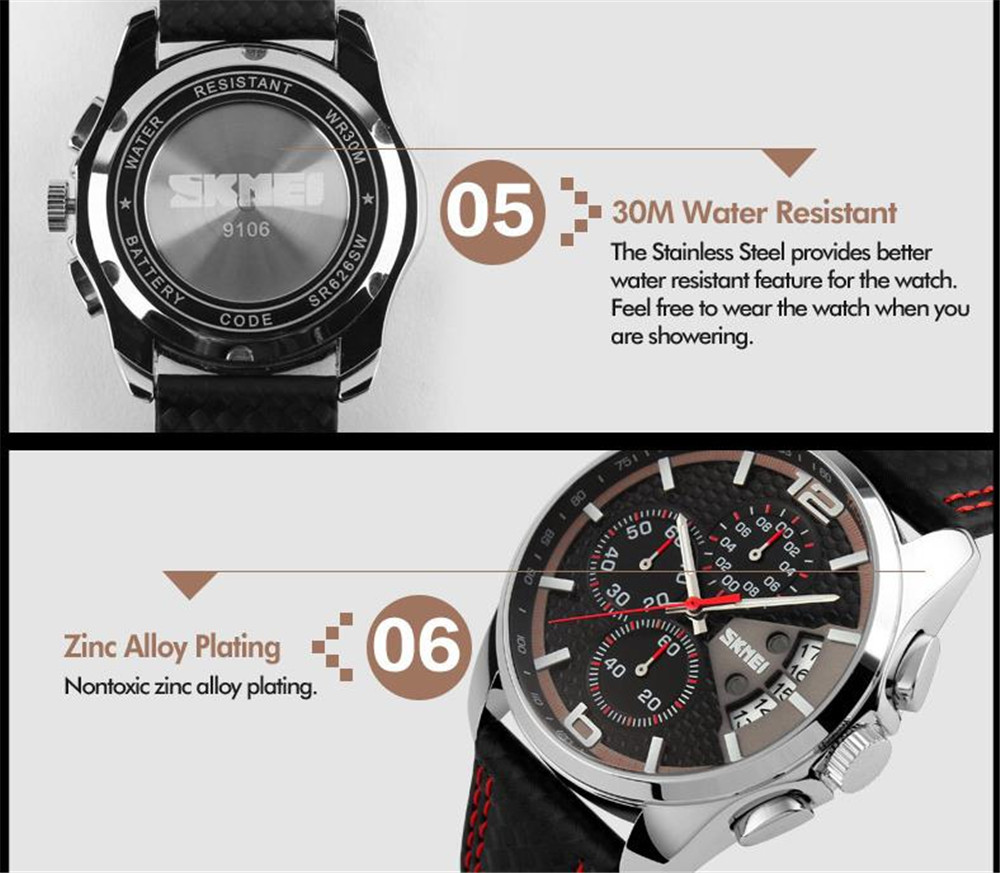 SKMEI Men Quartz Watch Leather Strap Chronograph Date Male Business Wristwatches