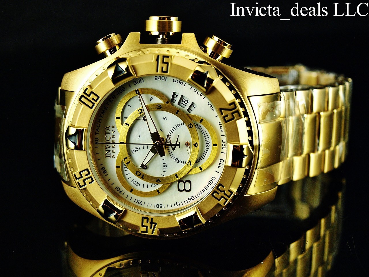 RareInvicta Men’s 52mm Reserve EXCURSION Swiss Chrono PLATINUM Dial Gold SS Watc