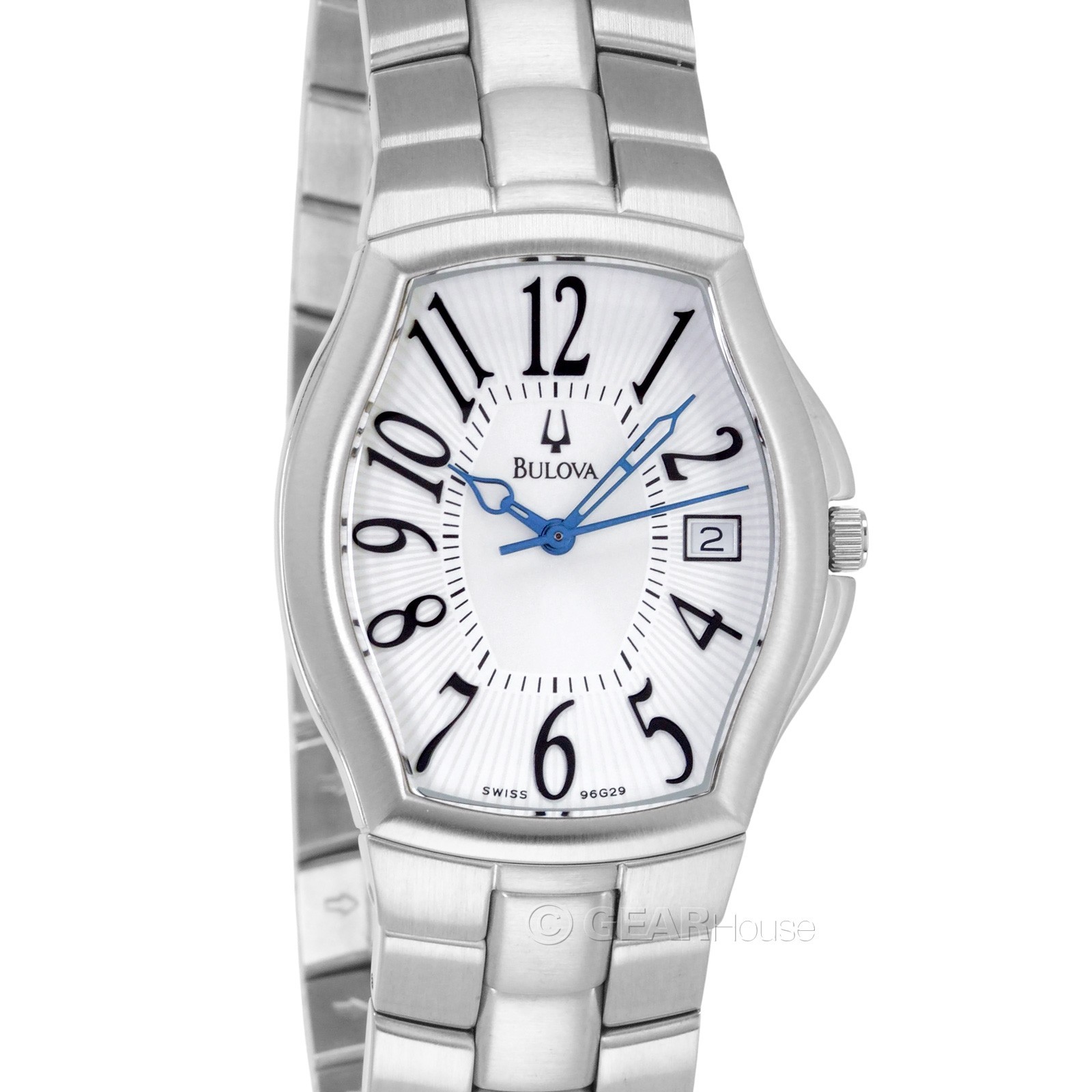 BULOVA Mens Tonneau Dress Watch, Swiss Mov’t, White Dial, Stainless Steel Band
