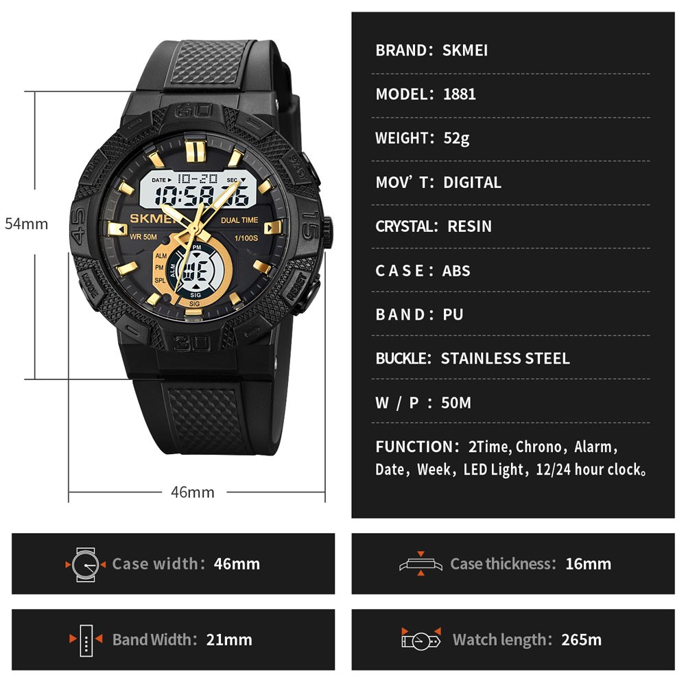Men Digital Stopwatch Alarm Sport Watch Daily Water Resistant Rubber Wristwatch
