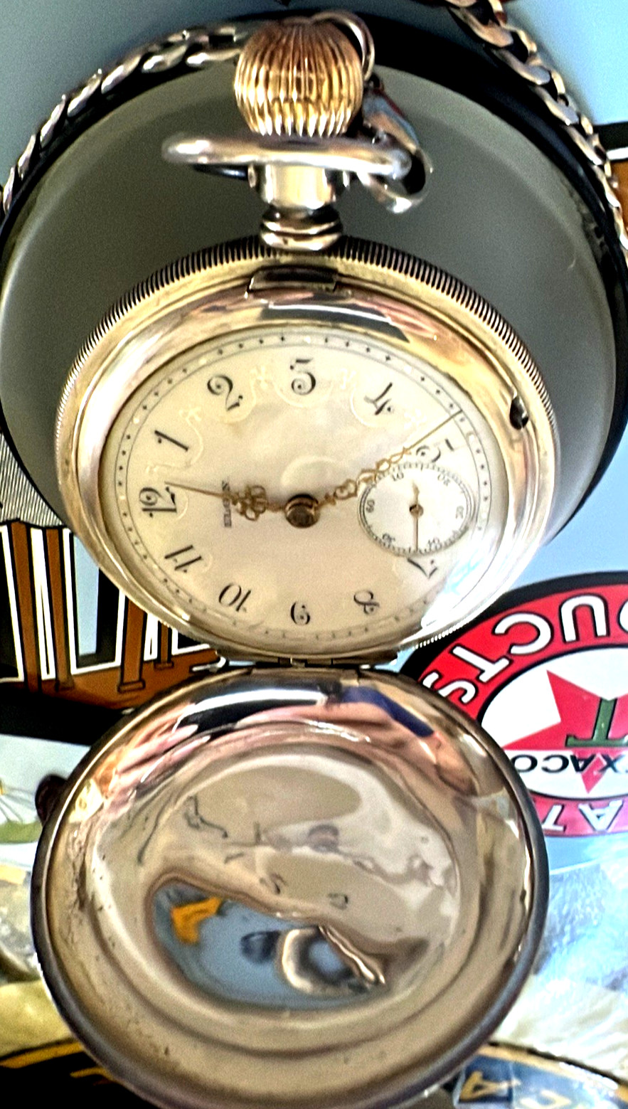 ANTIQUE ELGIN Sterling SILVER HUNTER POCKET WATCH + Stainless Steel Chain