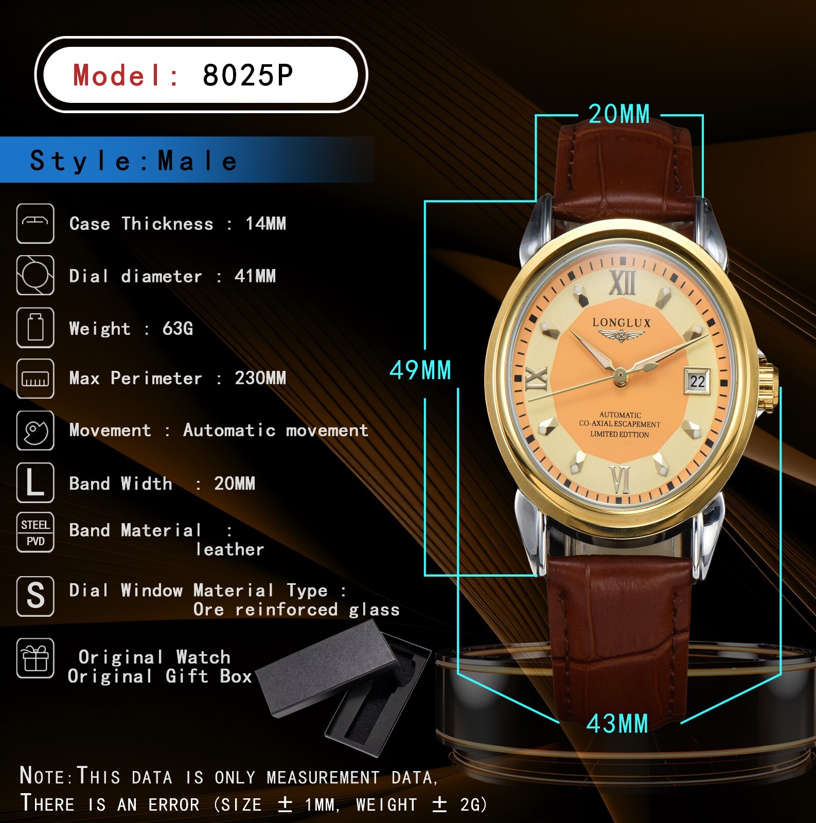 Men Automatic Watch Business Leather Waterproof Day Date Display Limited Edition