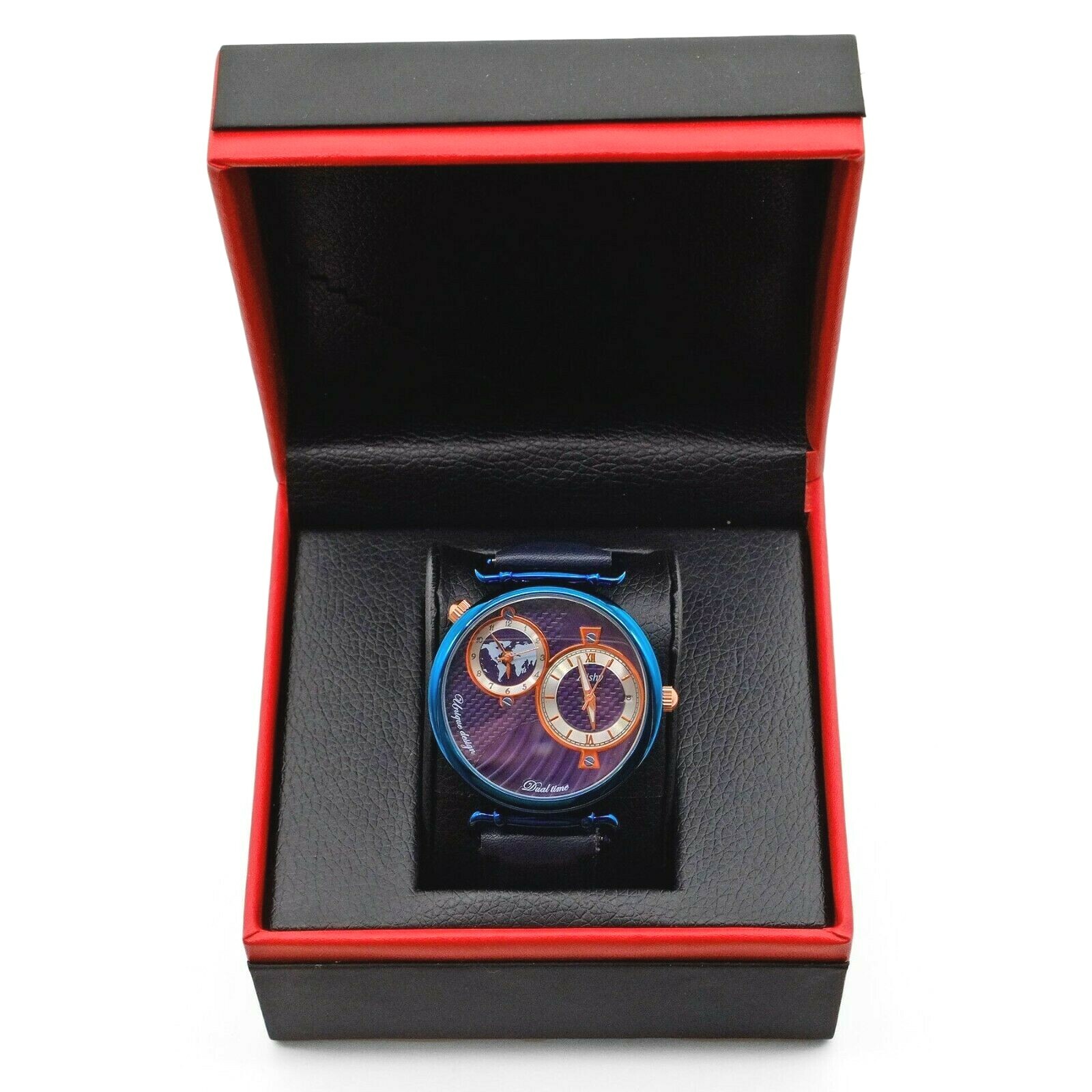 Men’s Watch: World Charterer Blue & Navy Leather. USA Shipping. New Sporty Look