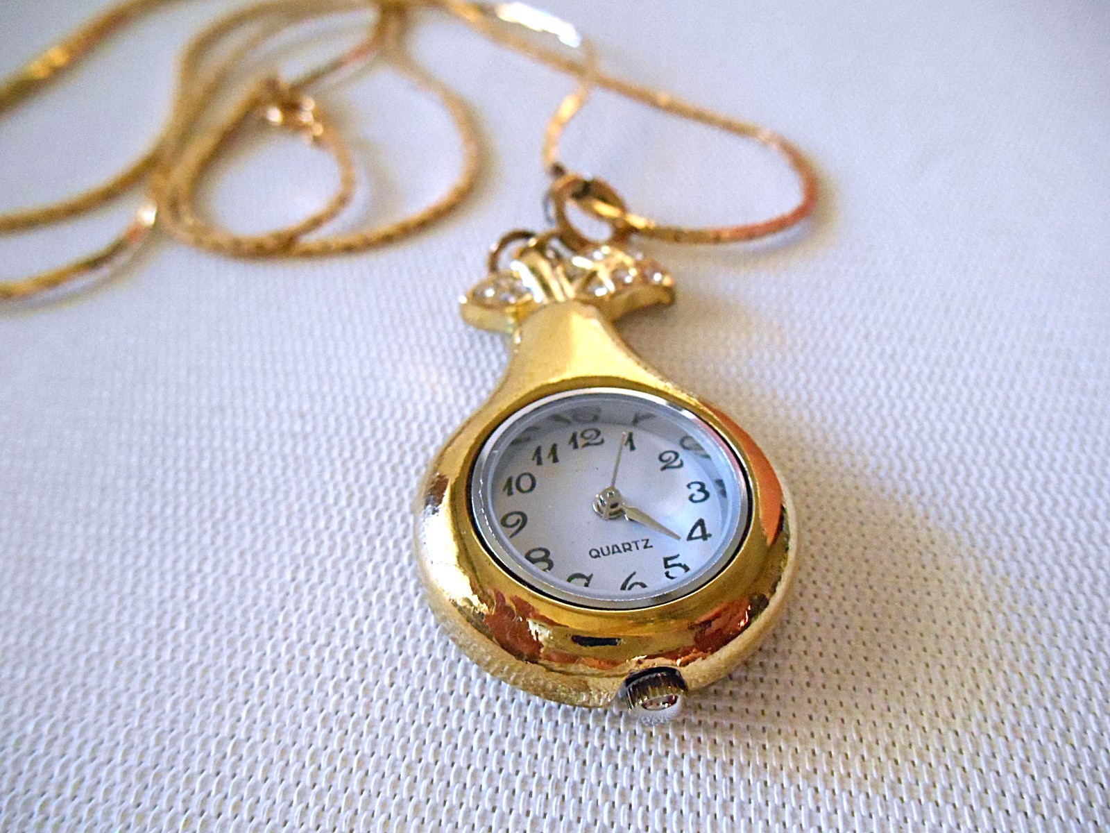 Goldtone & Clear Rhinestone Necklace Watch – New Battery