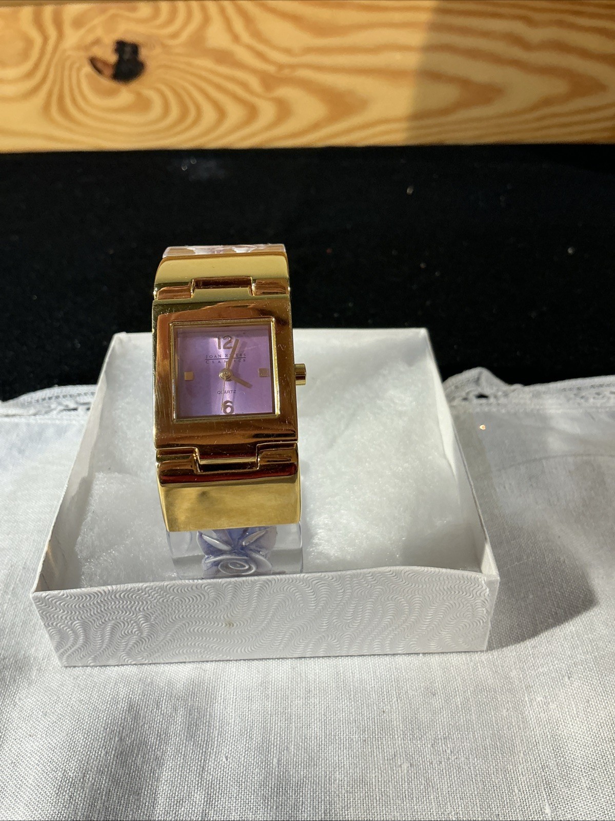 Joan Rivers Classics Gold Tone Purple Violet Floral Lucite Bangle Hinged Watch