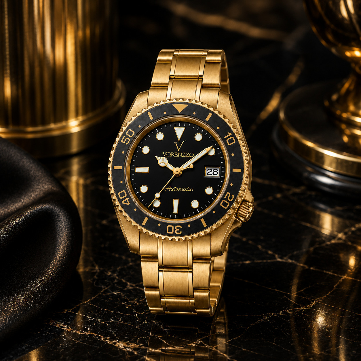 VORENZZO Automatic Diver Watch 40mm Sapphire Crystal Gold Black Men’s Watch