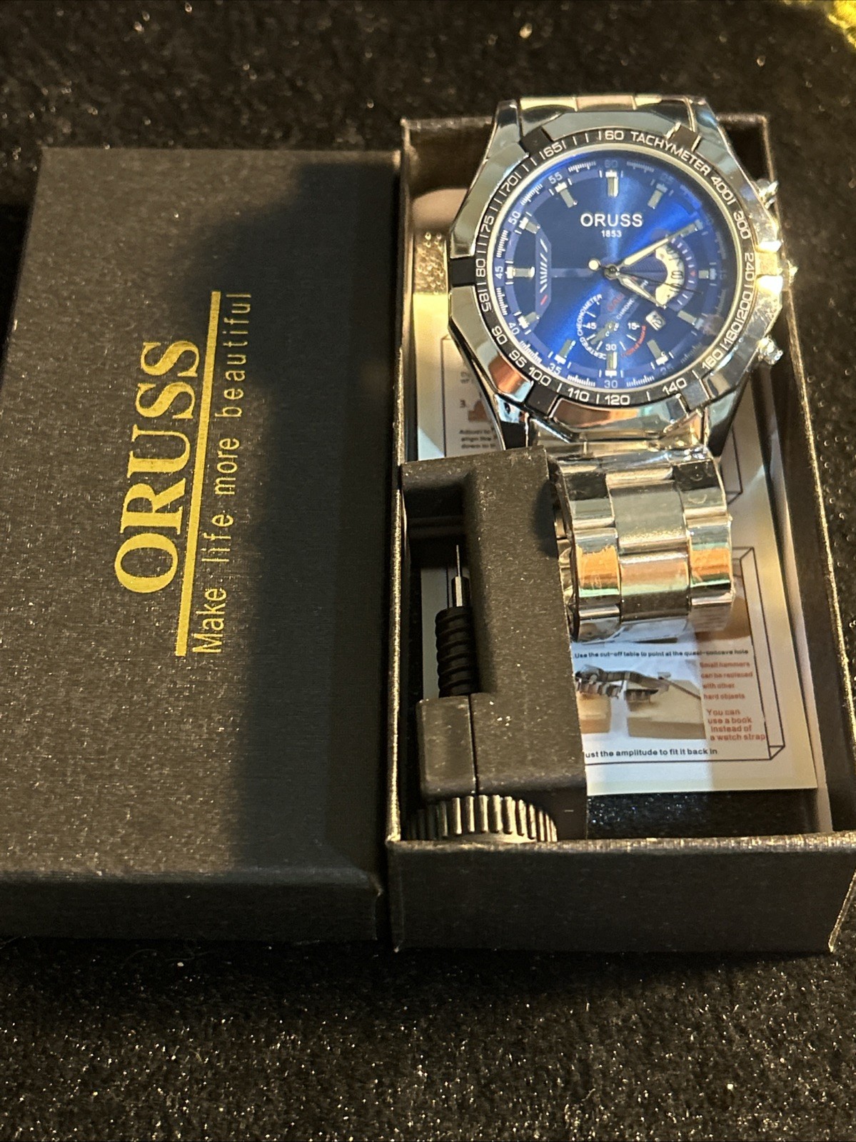 ORUSS 1853 Men’s Chronograph Tachymeter Analog Watch Blue Dial