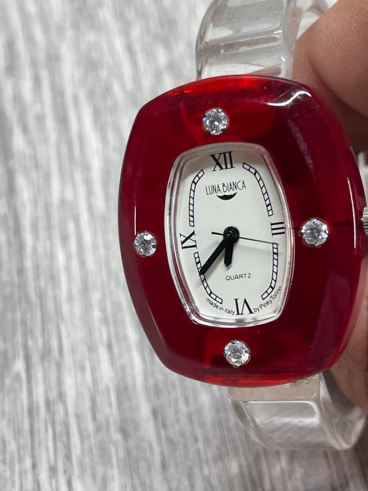 Luna Bianca Watch Clear Lucite Bracelet ITALIAN Red Face New Battery