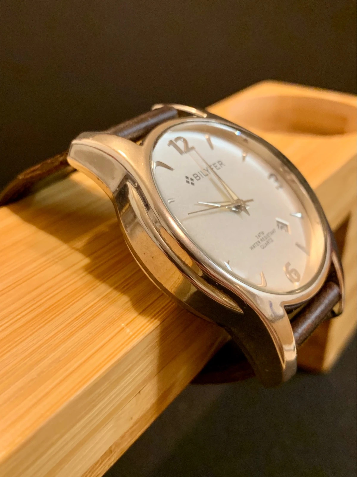 Bilyfer Classic 42mm Watch Silver Dial Brown Leather Strap