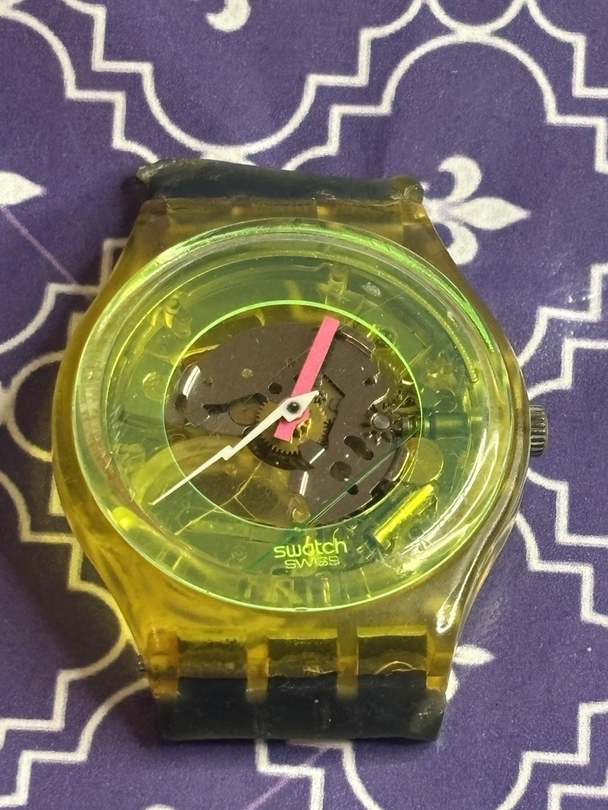 Vintage Swatch Techno Sphere Mens Watch 33mm Yellow Skeleton Green Untested Part