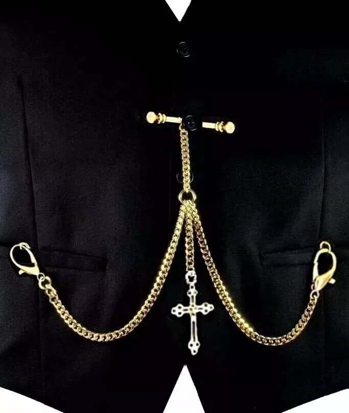 Gold Plated Extra Strong Pocket Watch Albert Double Chain With Ornate Cross Fob