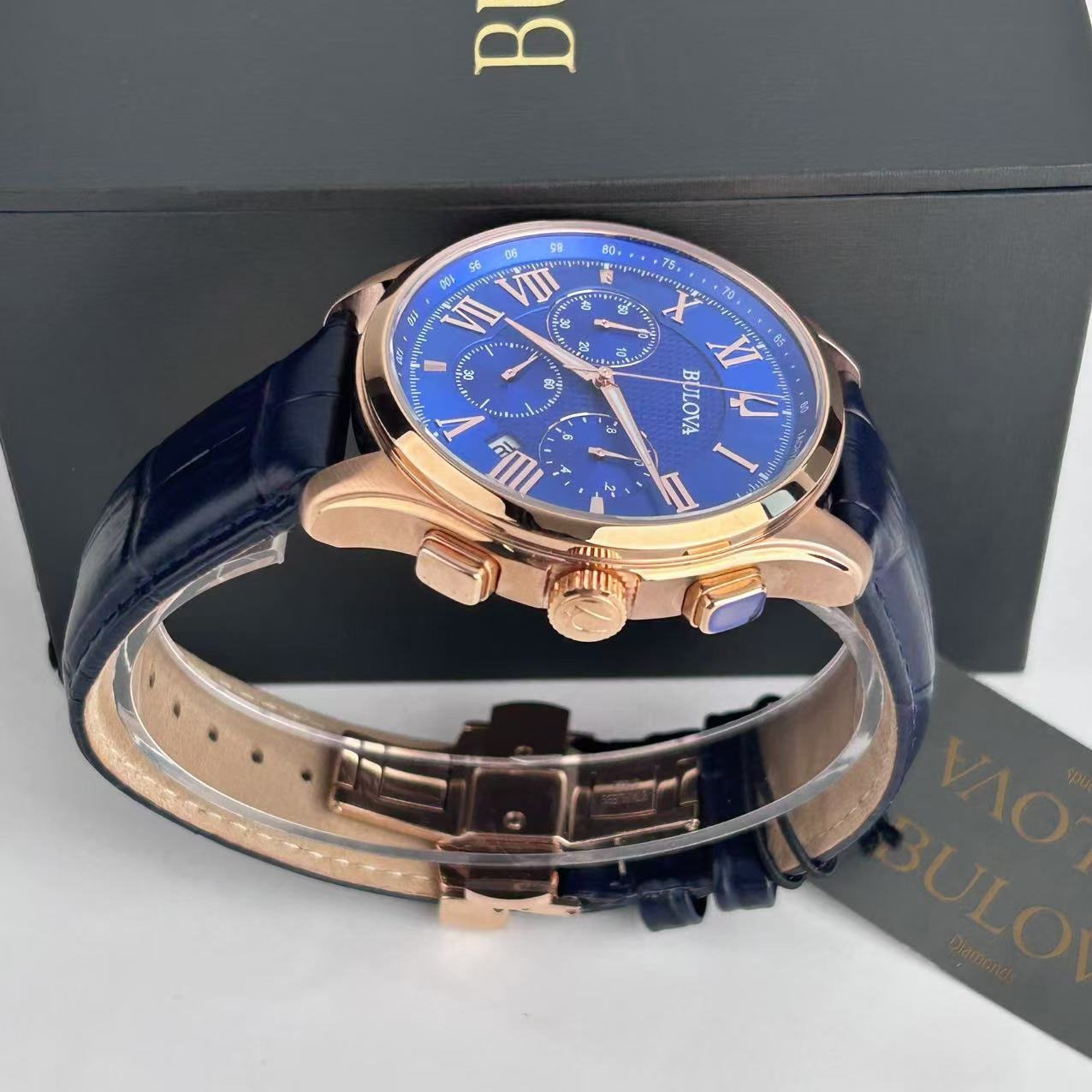 Bulova Wilton Classic 97B170 Blue Dial Leather Strap Mens Quartz Watch 4 G2U