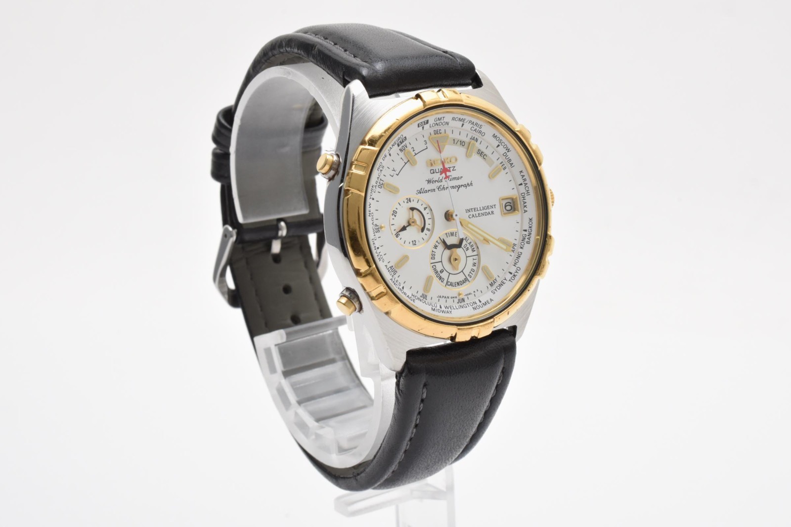 Near MINT Vintage SEIKO World Timer 6M15-0020 39mm Alarm Chrono Qz Men’s Japan