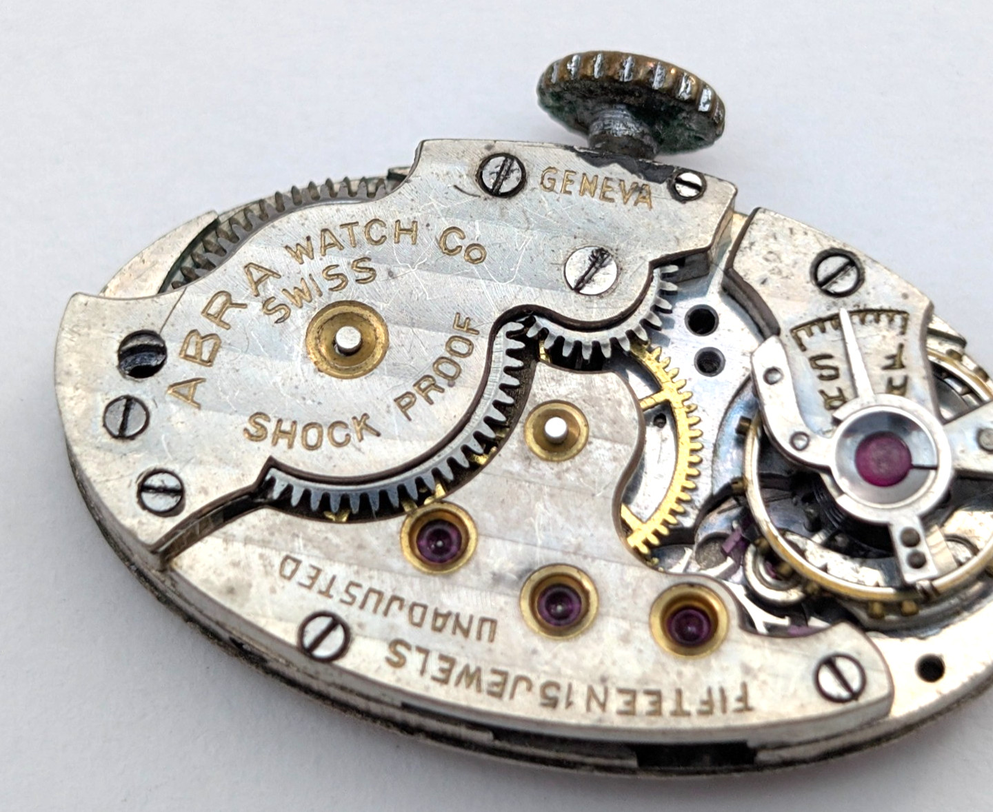 Antique ABRA 15j Art Deco Textured Dial Swiss Watch Movement 15mm PARTS REPAIR