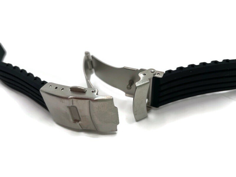 Black Silicone Rubber Watch Strap, Sports with Parallel Lines, 3 Fold Clasp 20mm